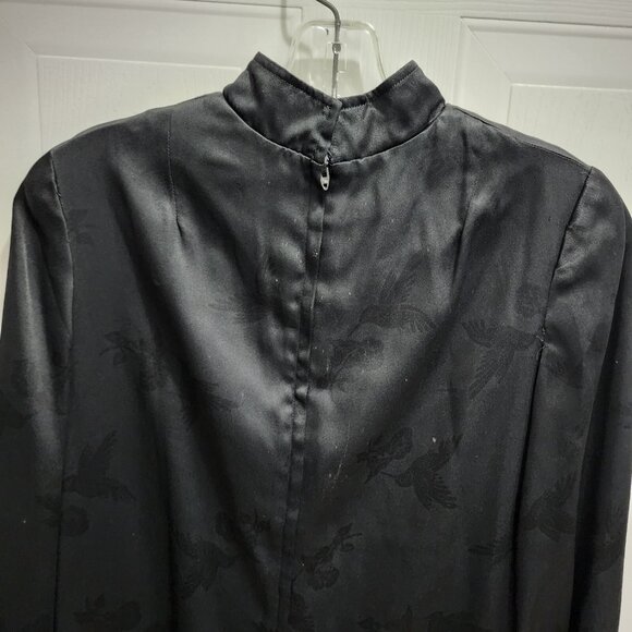 Vtg 70s Leslie J L/S Cheongsam Dress Asian Inspired Hummingbird Print Black 7/8 - Picture 9 of 14